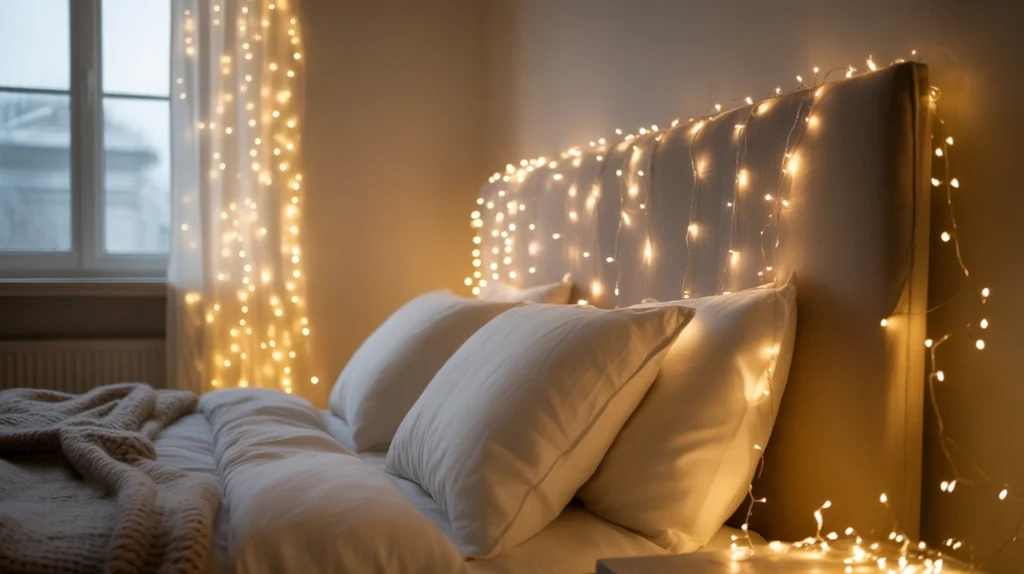 twinkling fairy lights hanging above the bed adding soft ambient glow to christmas bedroom decor