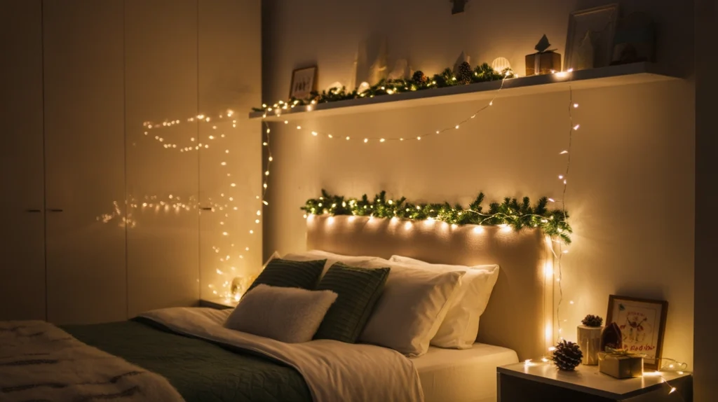 Fairy lights over bed and curtains adding warmth to Christmas bedroom ideas for small rooms