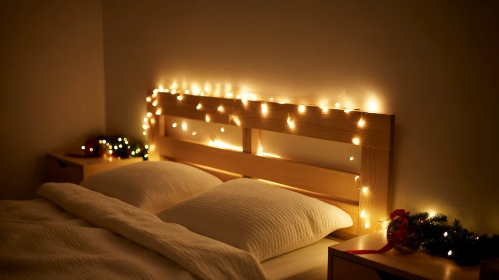 Fairy lights glowing above bed in Christmas bedroom ideas for small spaces