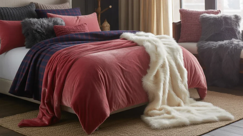 Festive Christmas bedding with flannel sheets, velvet duvets, and layered winter textiles