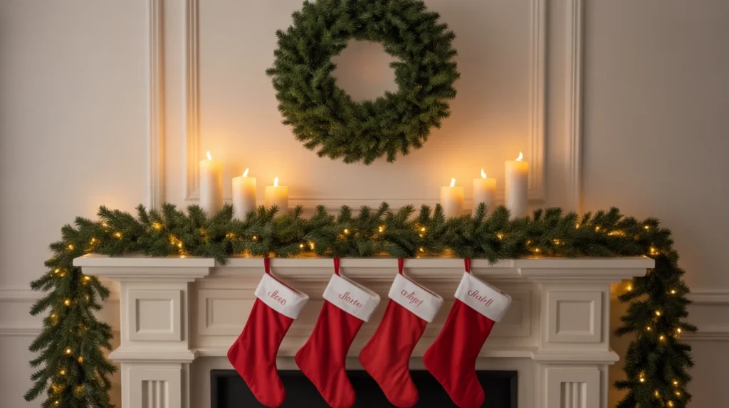 Christmas fireplace mantel with red stockings, white candles, pine garland, and glowing fairy lights.