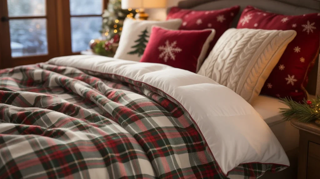Soft plaid flannel sheets and white duvet creating warm and inviting Christmas bedding inspiration