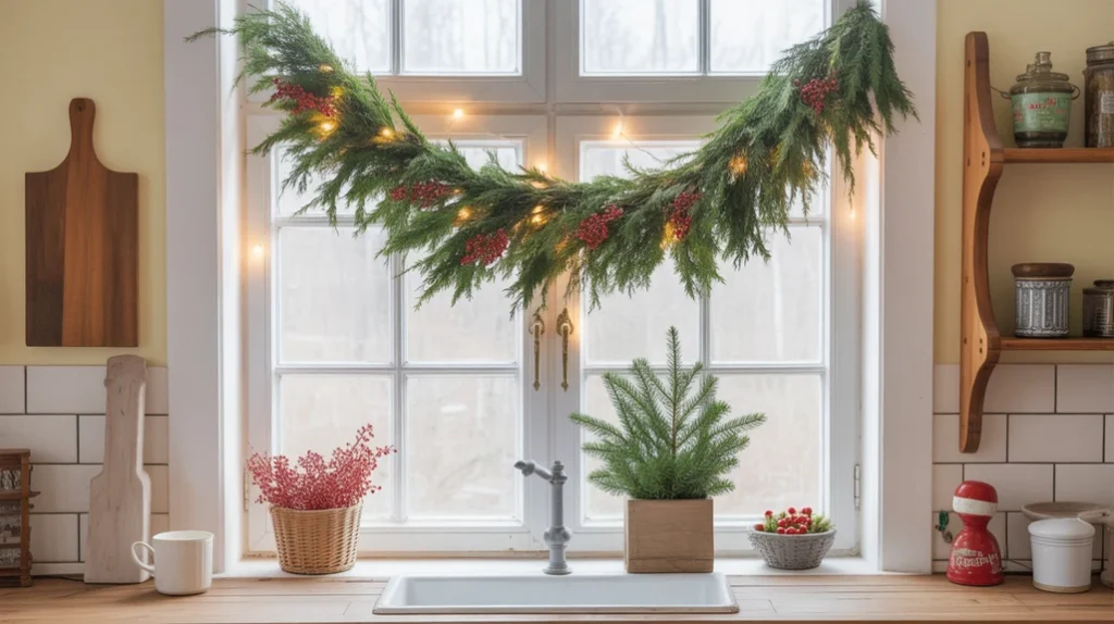 Evergreen garland draped across a kitchen window with red berries and pinecones, rustic farmhouse Christmas kitchen window decor.