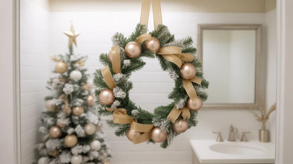 small glam christmas wreath with gold ribbon used as festive bathroom decor
