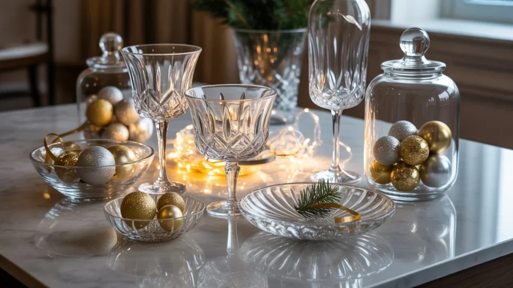 glass vases and crystal ornaments sparkling under warm light in a modern elegant christmas kitchen