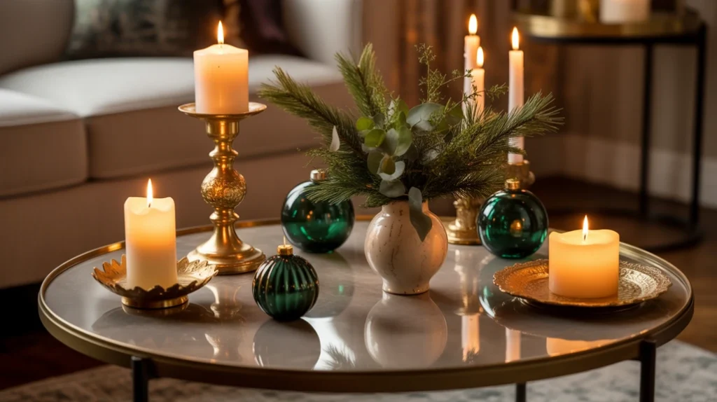 Gold-accented coffee table styled with candles, emerald ornaments, and greenery for a sophisticated Christmas living room look.
