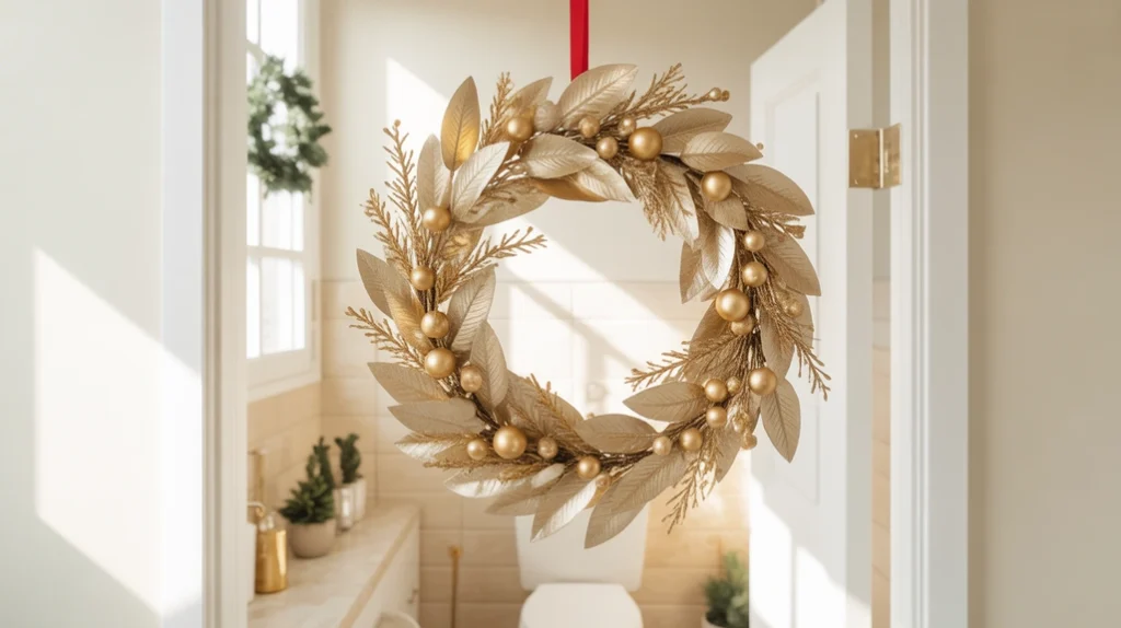 gold christmas wreath with metallic leaves and berries displayed in a holiday bathroom
