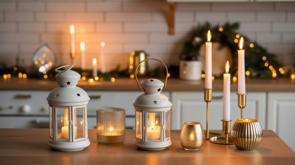 White lanterns and gold candle holders glowing softly on a countertop for warm and elegant Christmas kitchen lighting