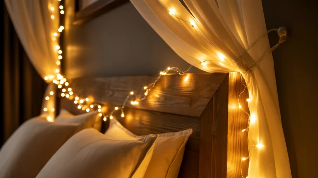 Gold fairy lights hanging across a white headboard bringing soft festive glow to the Christmas bedroom.