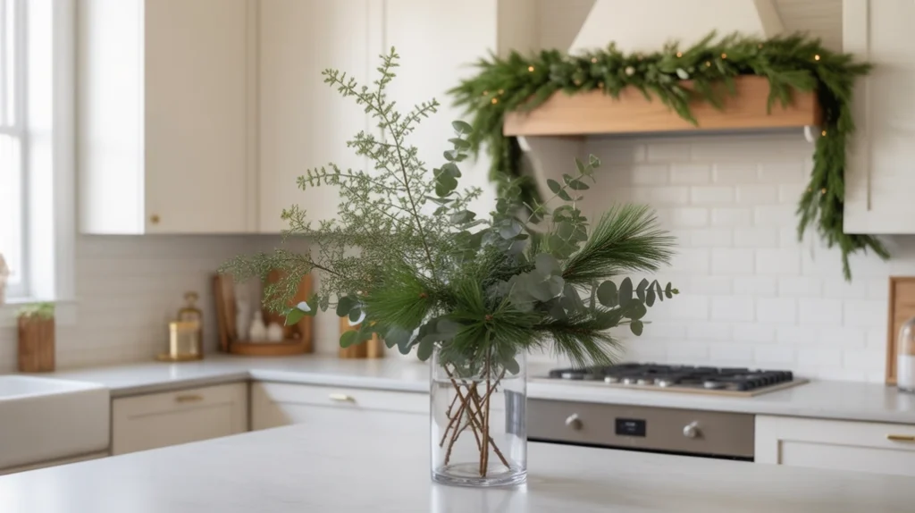 Modern Christmas kitchen decorated with pine and eucalyptus branches adding natural holiday freshness and organic style