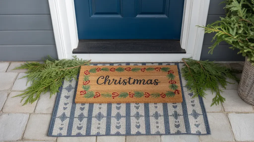 “Layered Christmas doormat with winter patterns for a festive entryway look”