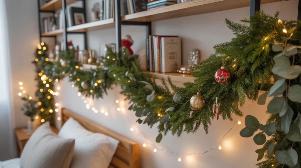 Holiday garlands with pine greenery and lights styled across bedroom shelves