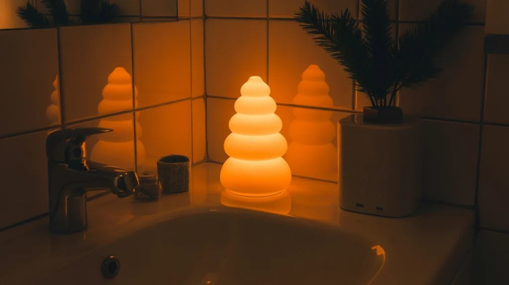 warm holiday night light glowing softly in a compact bathroom space