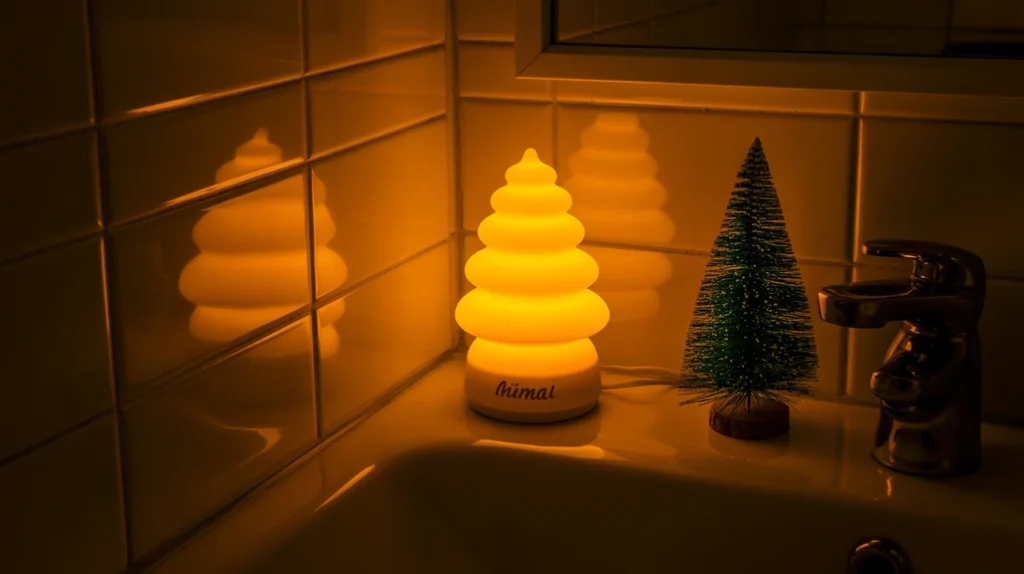 Amber holiday night light glowing softly in a compact bathroom with warm shadows.
