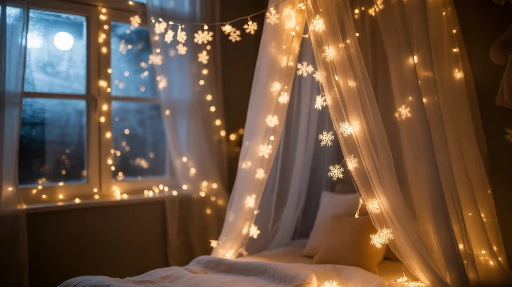 fairy lights and sheer curtains glowing softly in a cozy kids Christmas room