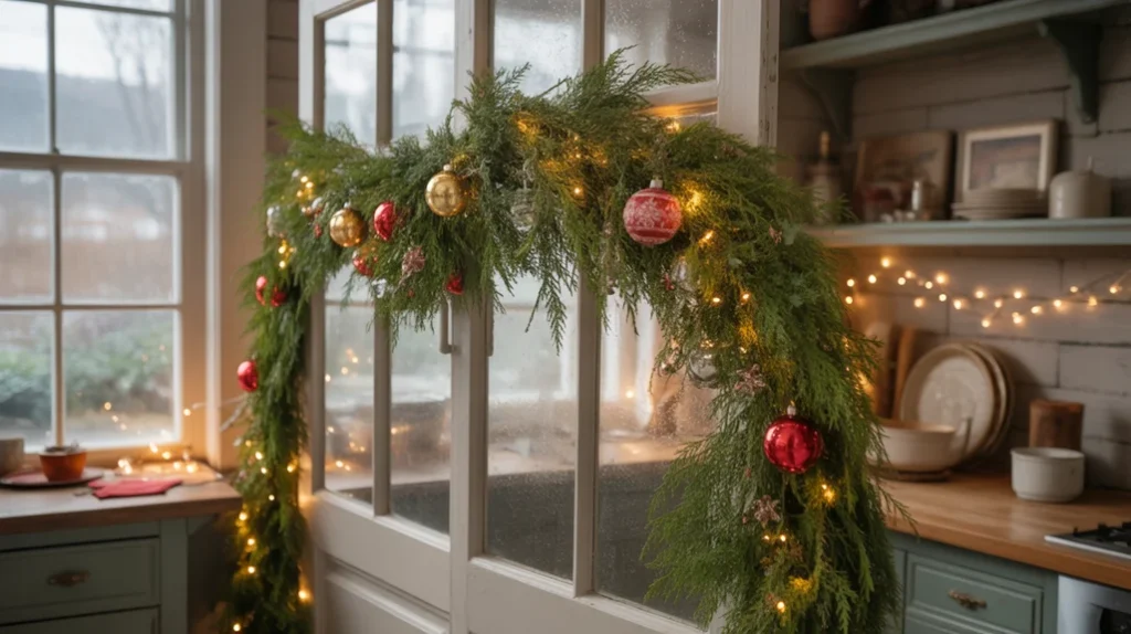 Garland draped across a kitchen window with pine greenery and soft holiday lights