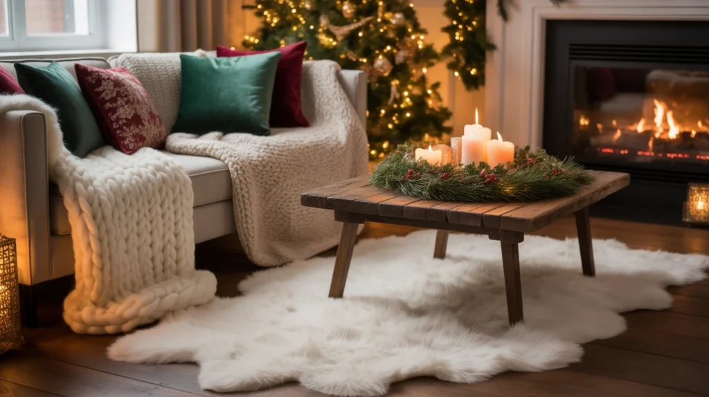 Cozy Christmas living room with knitted blankets, soft pillows, and layered winter textiles