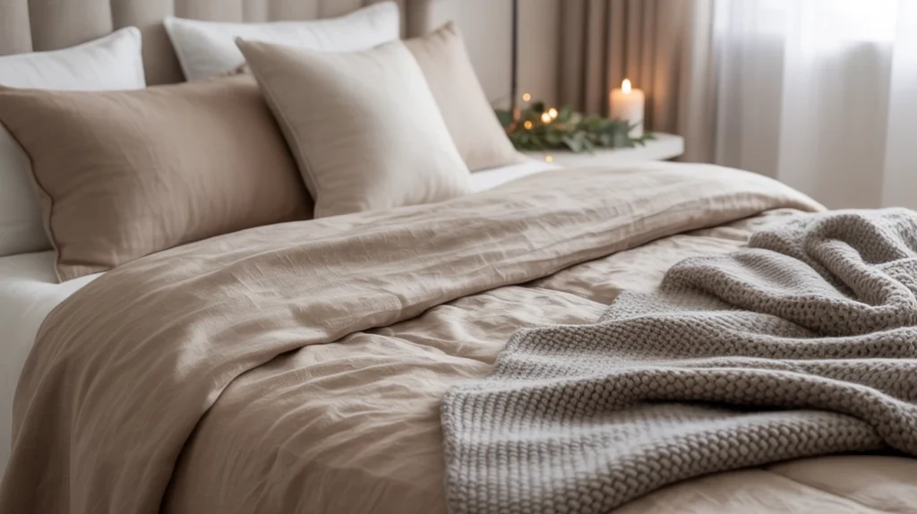 Linen bedding and knitted throws adding warmth and cozy texture to neutral minimalist Christmas bedroom