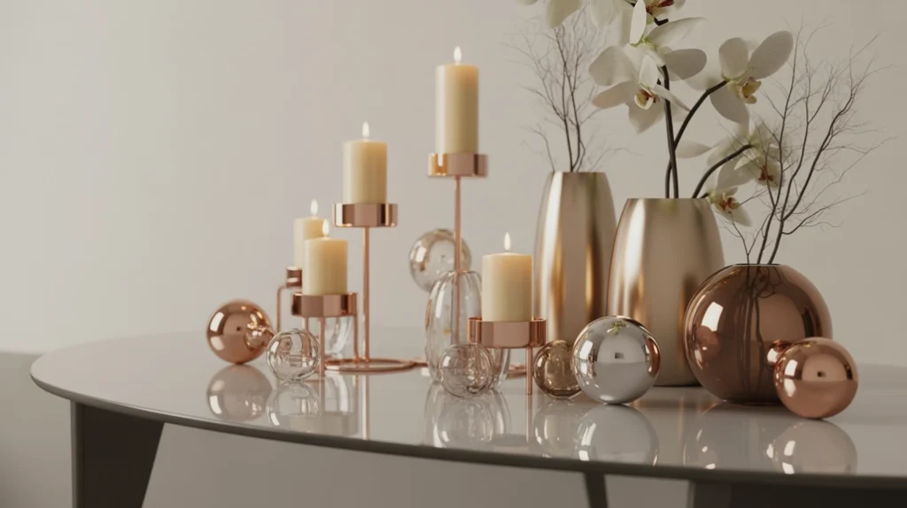 Metallic rose gold accents and candleholders creating a glamorous and modern Christmas living room look.