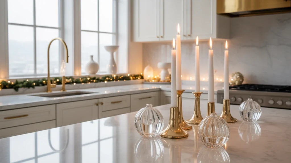 Sleek modern Christmas kitchen decor ideas with metallic gold and silver accents