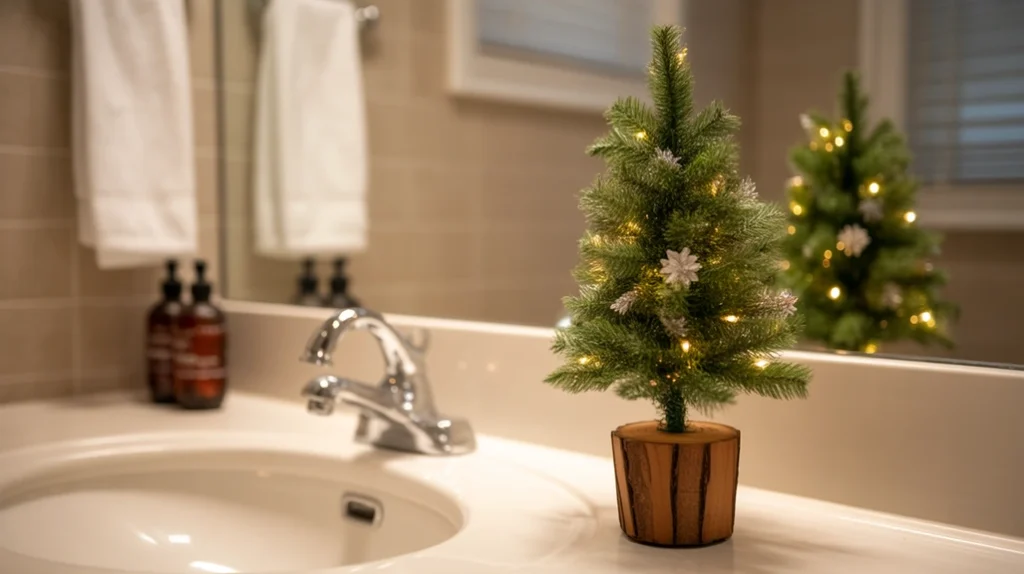 “tiny decorated christmas tree placed on a bathroom counter with warm fairy lights”