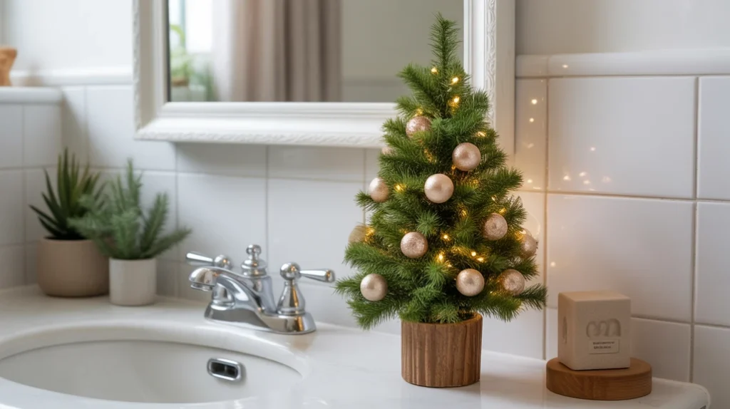 mini tabletop christmas tree placed beside bathroom sink for festive countertop styling