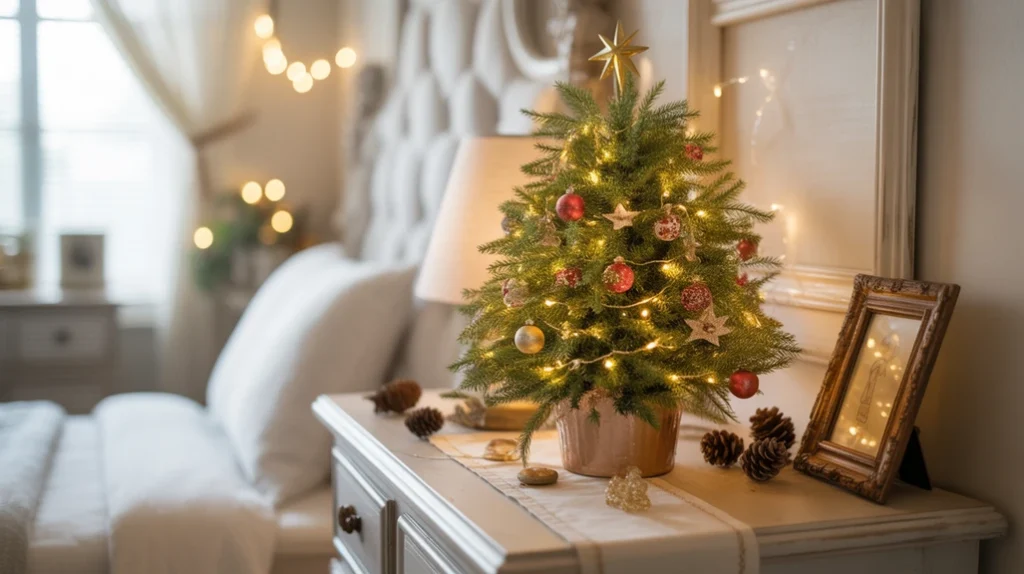 Mini Christmas tree with ornaments and fairy lights on dresser in guest bedroom