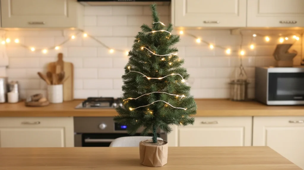 Small Christmas tree with fairy lights and ornaments placed on kitchen island adding cheerful holiday touch