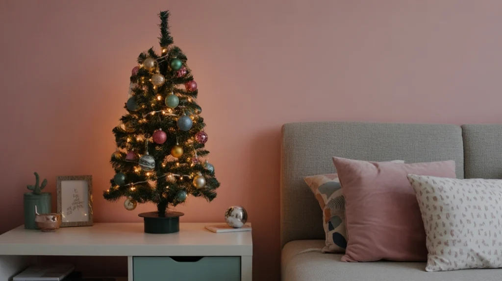 Mini Christmas tree in teen bedroom decorated with ornaments, lights, and cozy holiday accents