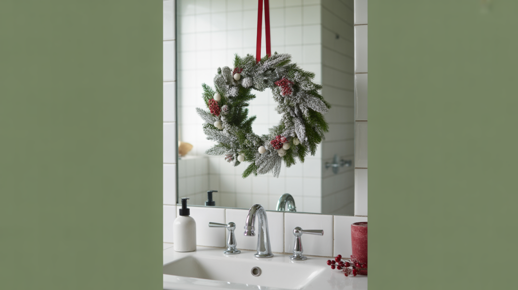 small Christmas wreath hanging on bathroom mirror with winter greenery and berries