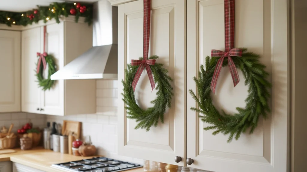 Mini wreaths with red ribbons hanging on kitchen cabinets, a simple and charming holiday kitchen decoration idea.