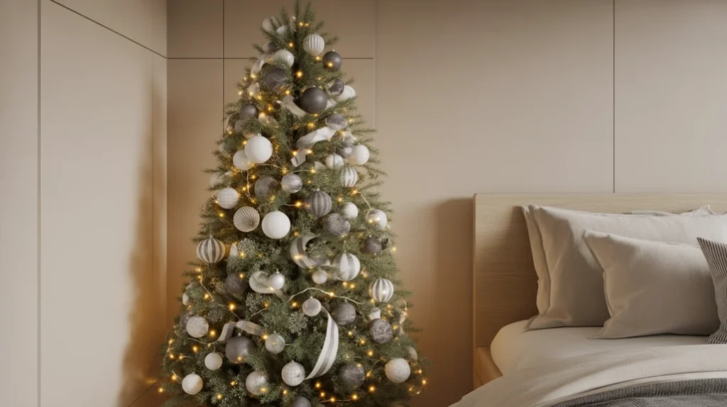 Minimalist Christmas tree with monochrome ornaments and white lights in a contemporary bedroom