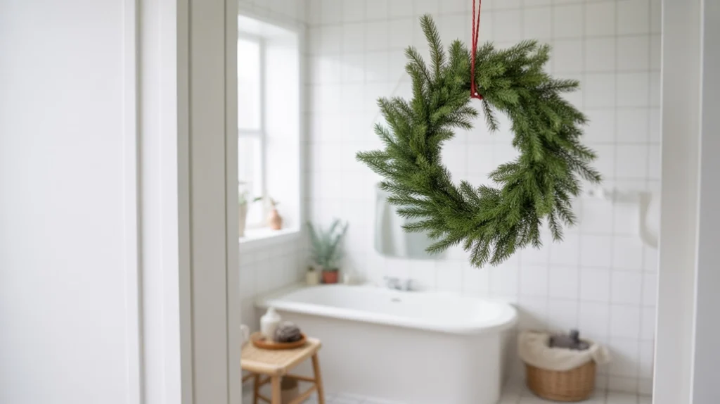 minimalist scandinavian christmas wreath hung in a bathroom for a clean nordic holiday look