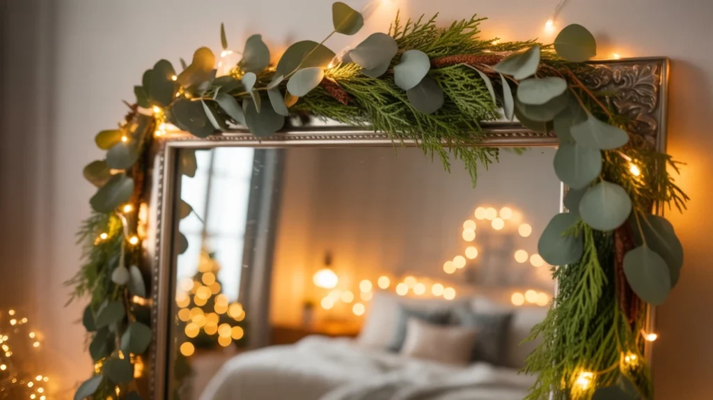 Mirror wrapped with cedar garland reflecting soft light in Christmas holiday bedroom