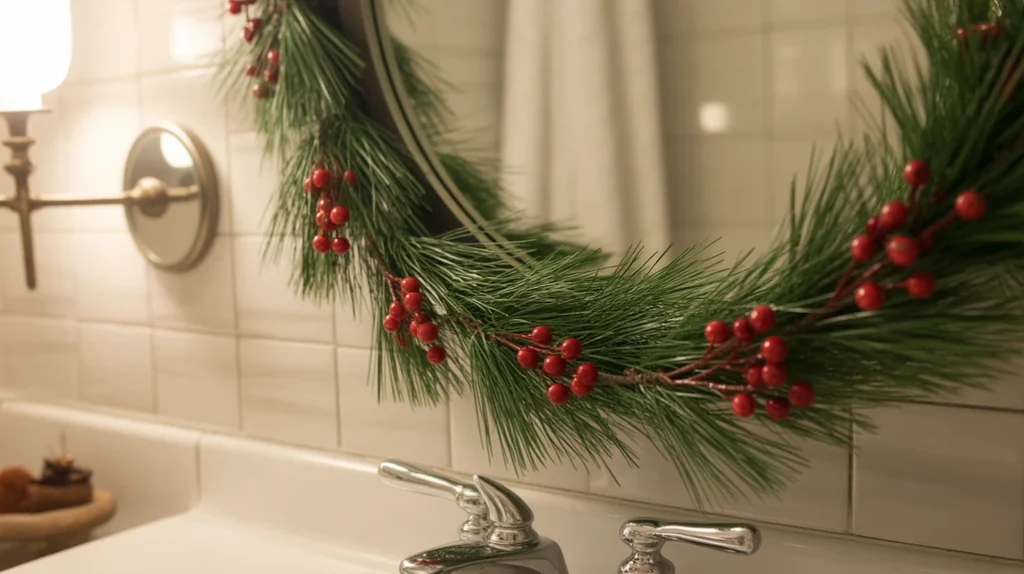 mirror framed with pine garland and red berry accents for a warm holiday look