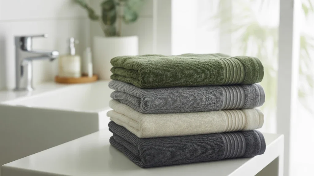 modern holiday towels in muted winter colors folded neatly in a clean bathroom setting