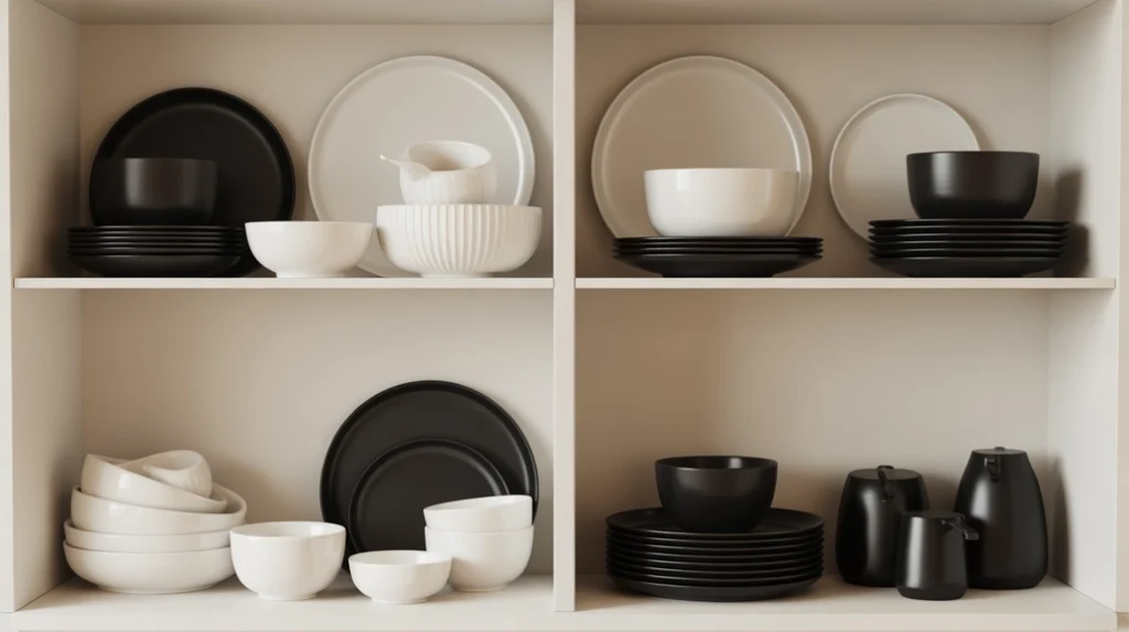 Monochrome dinnerware display with black plates and white bowls for modern Christmas kitchen decor
