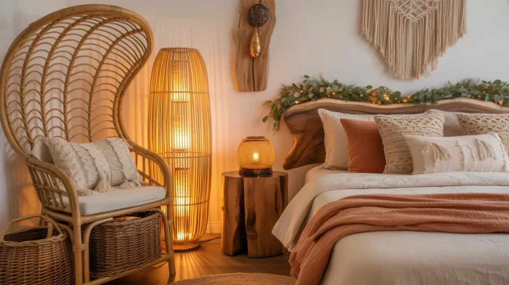Natural rattan furniture and wooden accents adding rustic charm to boho Christmas bedroom decor