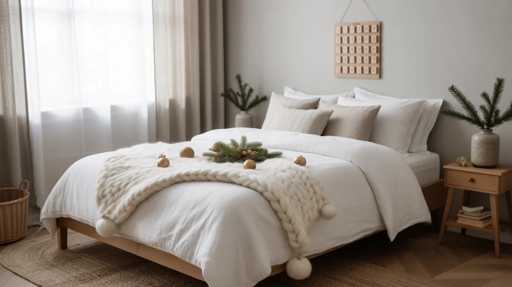 Wood, linen, and wool textures styled for natural Nordic Christmas bedroom decor