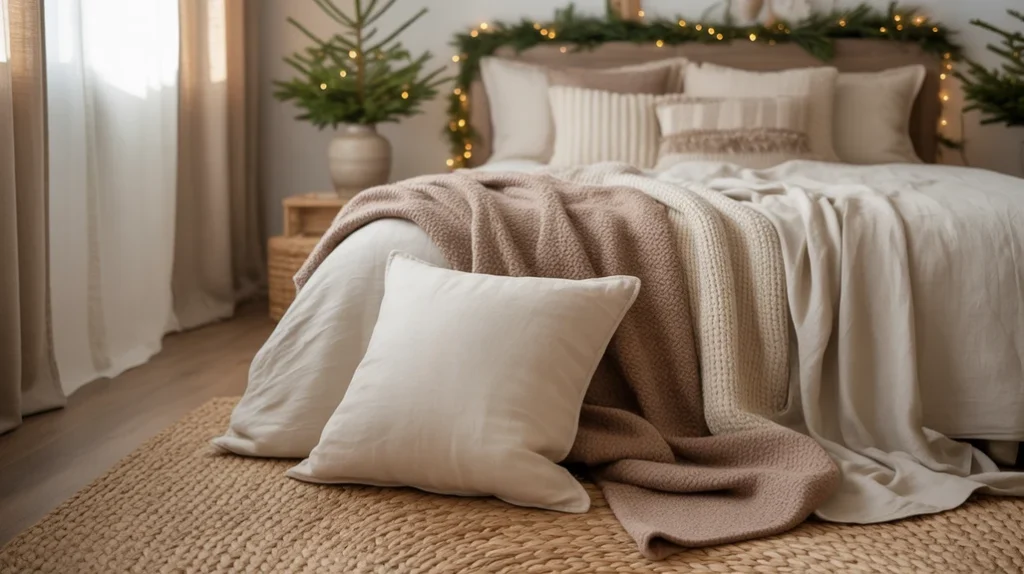 woven rug, linen pillows, and wool blankets styled in a neutral holiday bedroom