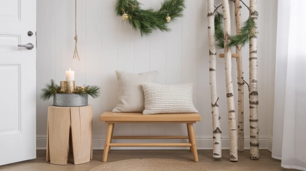 “Natural wood accents styled in a Scandinavian entryway for clean Christmas decor”