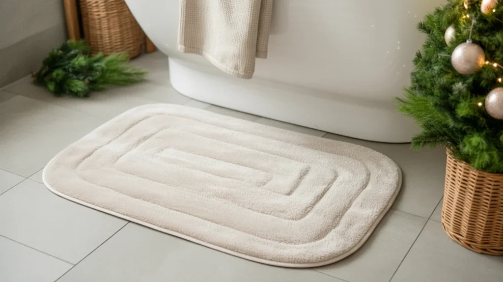 Neutral bath mat in soft winter colors used in a natural Christmas bathroom for cozy organic texture.