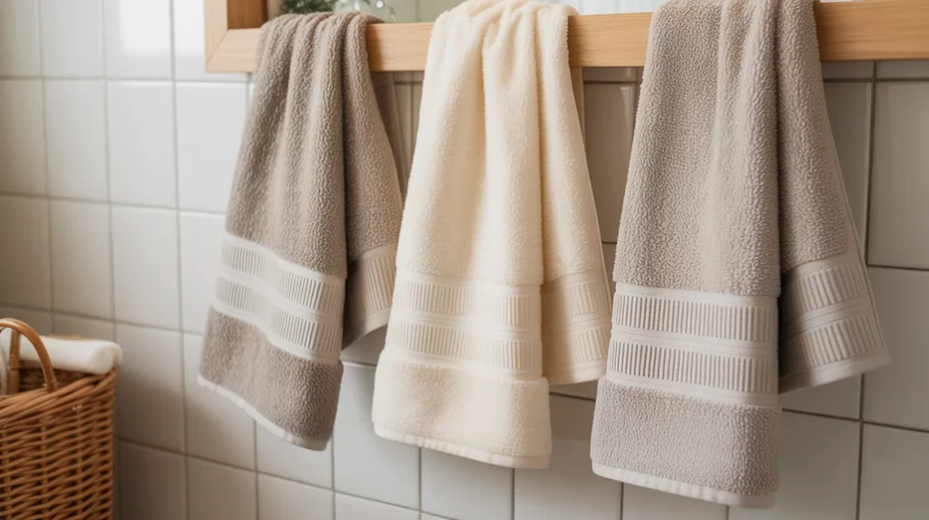 Neutral Christmas towels styled in a cozy Hygge bathroom with warm Scandinavian tones.