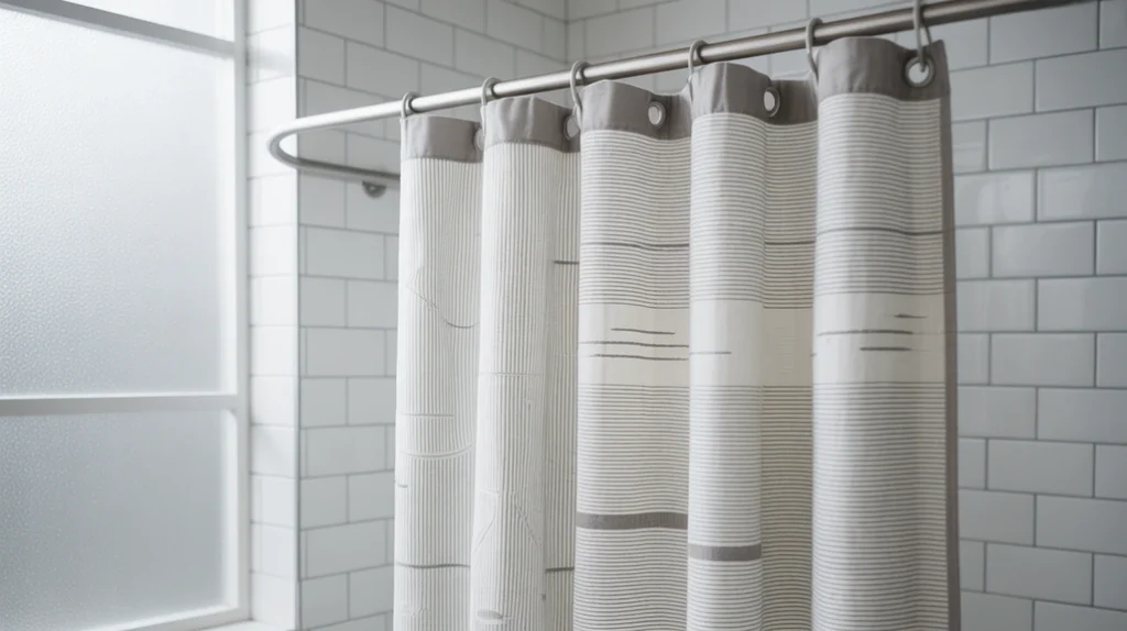 Neutral Scandinavian shower curtain styled for a calm Nordic Christmas bathroom look.