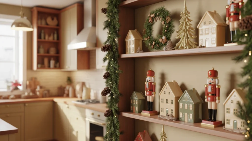 Open kitchen shelves styled with pine garland, ceramic houses, and small Christmas accents