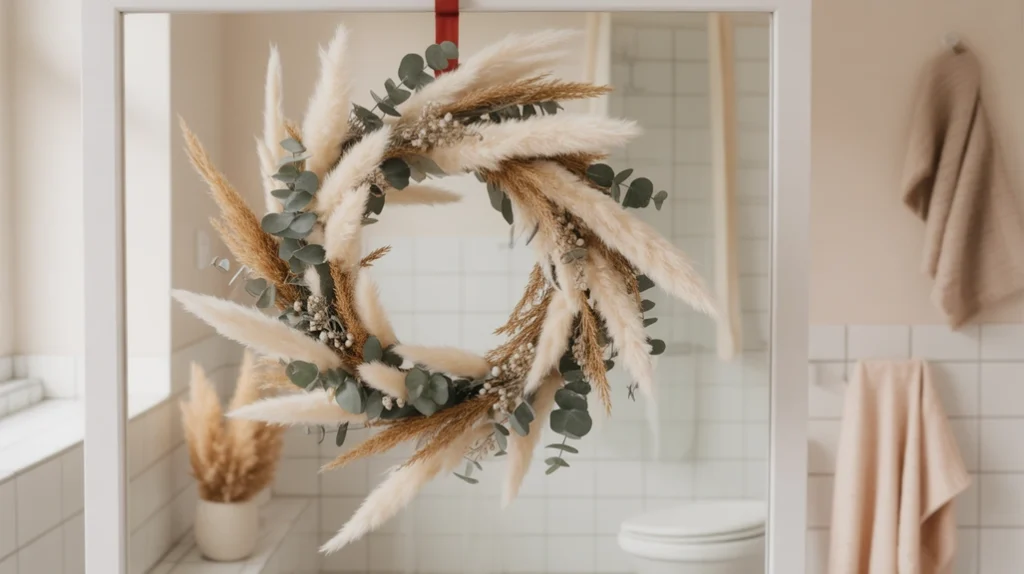 pampas grass and dried floral christmas wreath styled in a cozy boho bathroom