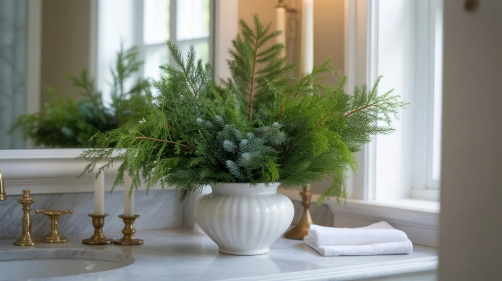 pine and cedar greenery arranged in a bathroom for simple classic christmas styling