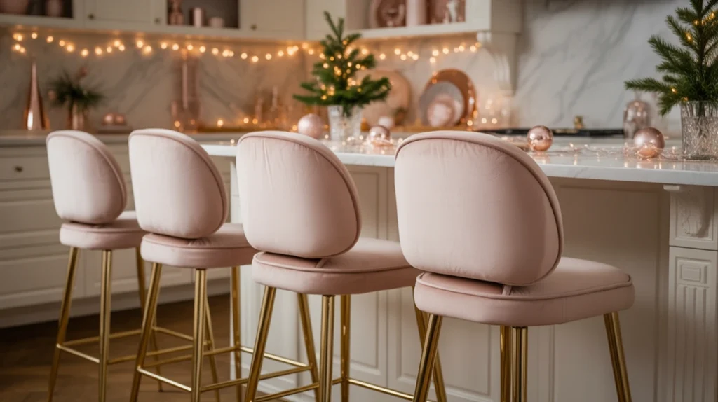 Kitchen bar stools styled with pink cushions for a cozy blush Christmas seating area