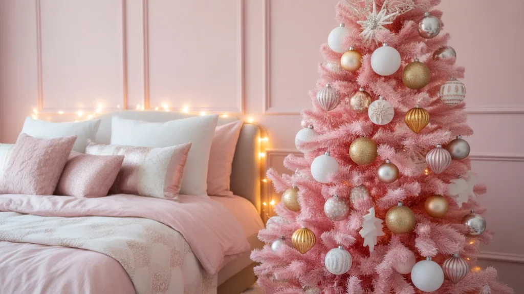 pink Christmas tree with white and gold ornaments beside cozy blush bedding in modern feminine bedroom design