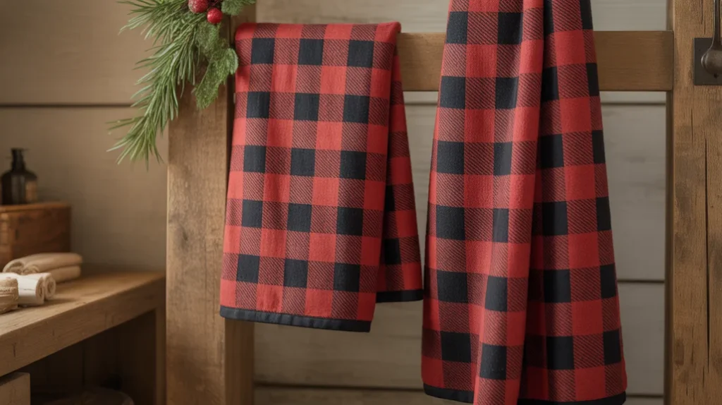 plaid buffalo check towels adding warm cabin-style texture to a rustic bathroom